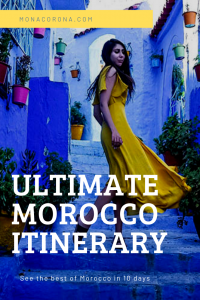 Click through to see the ultimate & best Morocco Itinerary. This 10 day Morocco travel guide will show you all the top places in Morocco, including Marrakech, Fes, Chefchaouen (The Blue City / Blue Pearl), Sahara Desert (Merzouga / Erg Chebbi), Essaouira, Casablanca, the Atlas Mountains & more! Learn all about Morocco's top places to see, the best things to do in Morocco, where to eat in Morocco + the most Instagramable places in Morocco.| #monacoronadotcom #Morocco #travel #itinerary #marrakech